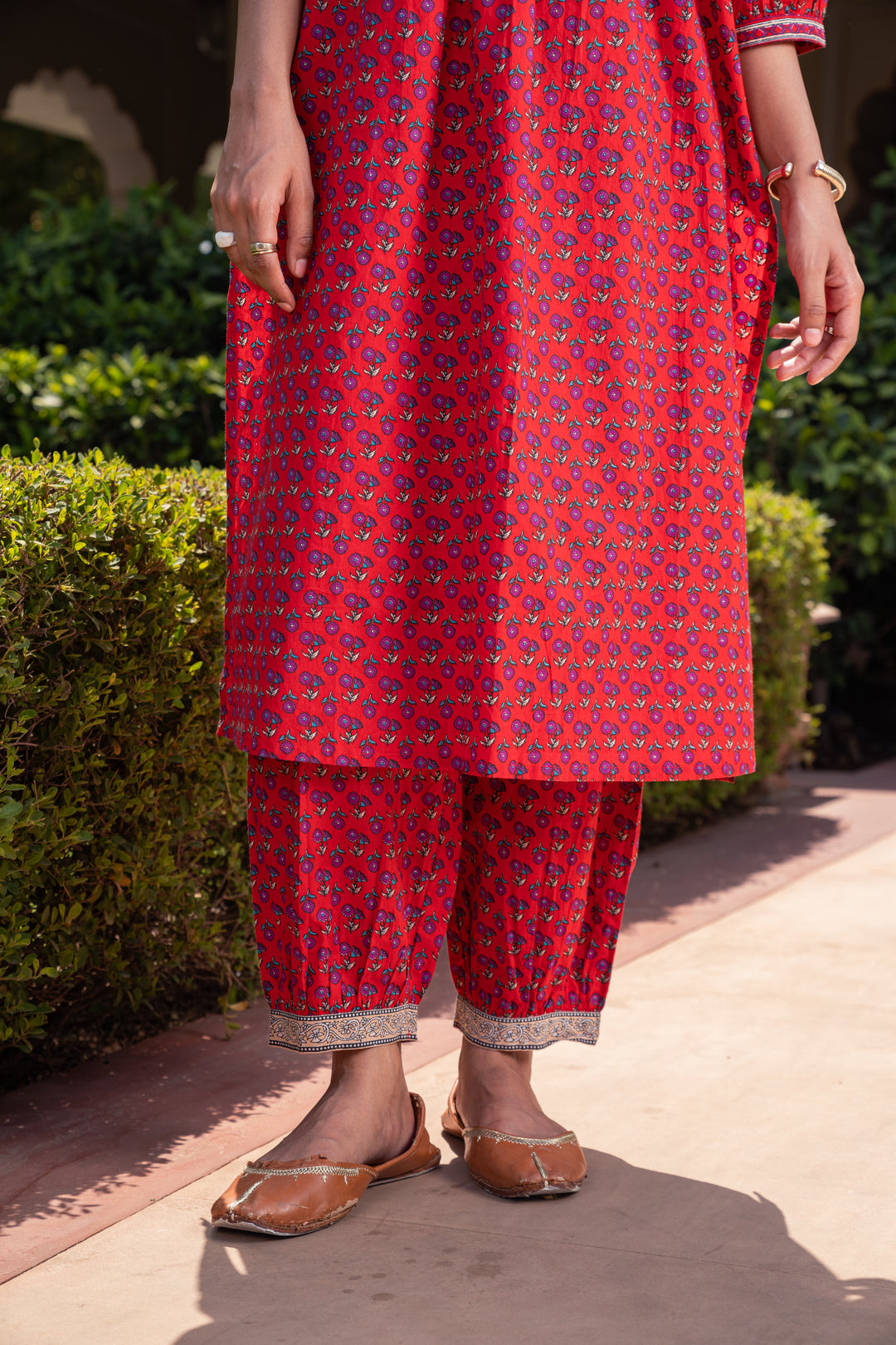 Red Cotton Printed Designer A-Line Kurta Pant Set