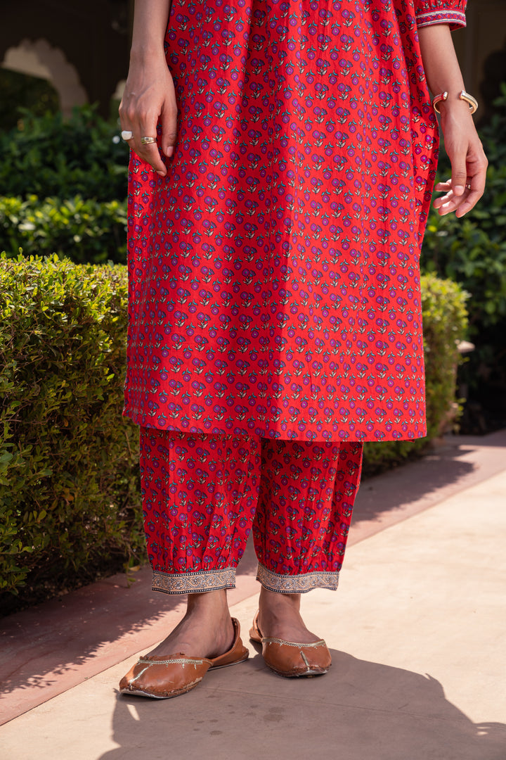 Red Cotton Printed Designer A-Line Kurta Pant Set