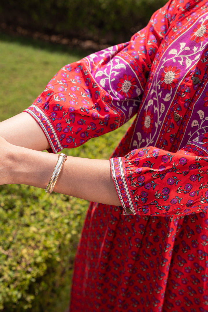 Red Cotton Printed Designer A-Line Kurta Pant Set