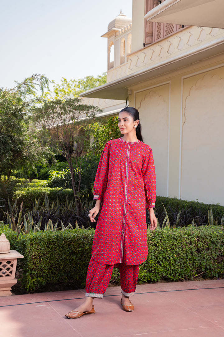Red Cotton Printed Flared Designer Kurta