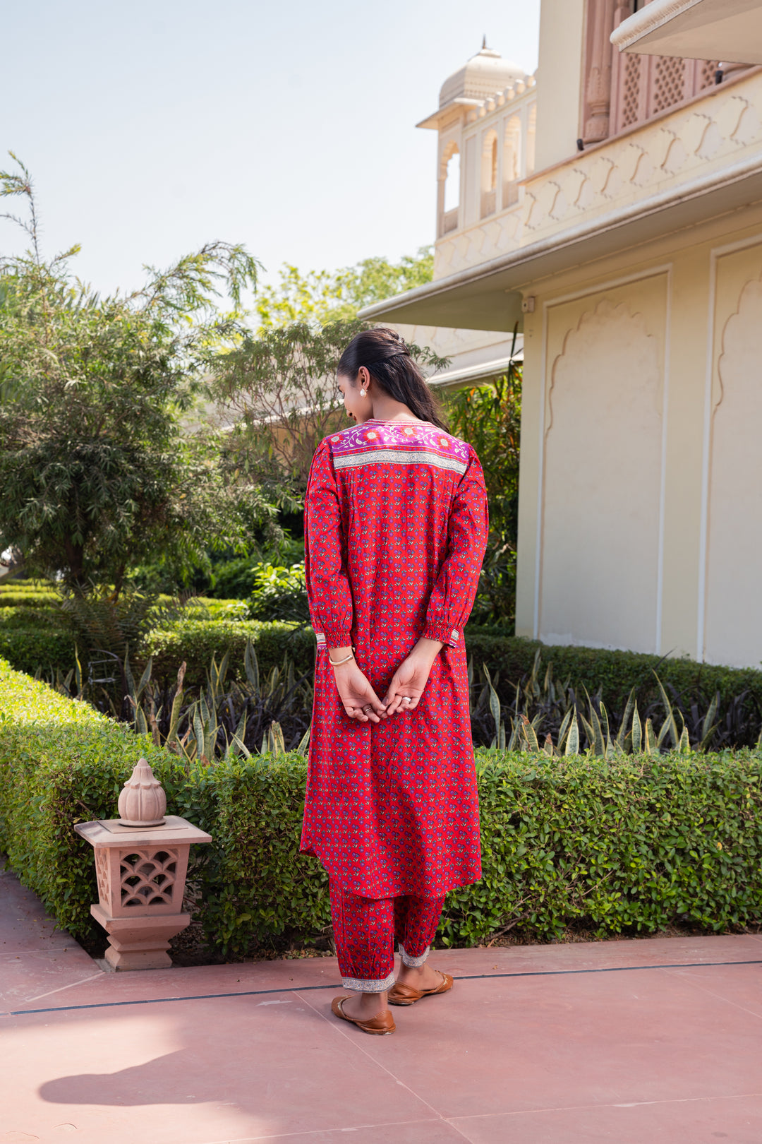 Red Cotton Printed Flared Designer Kurta