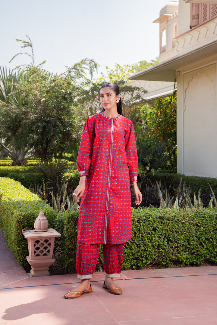 Red Cotton Printed Flared Designer Kurta