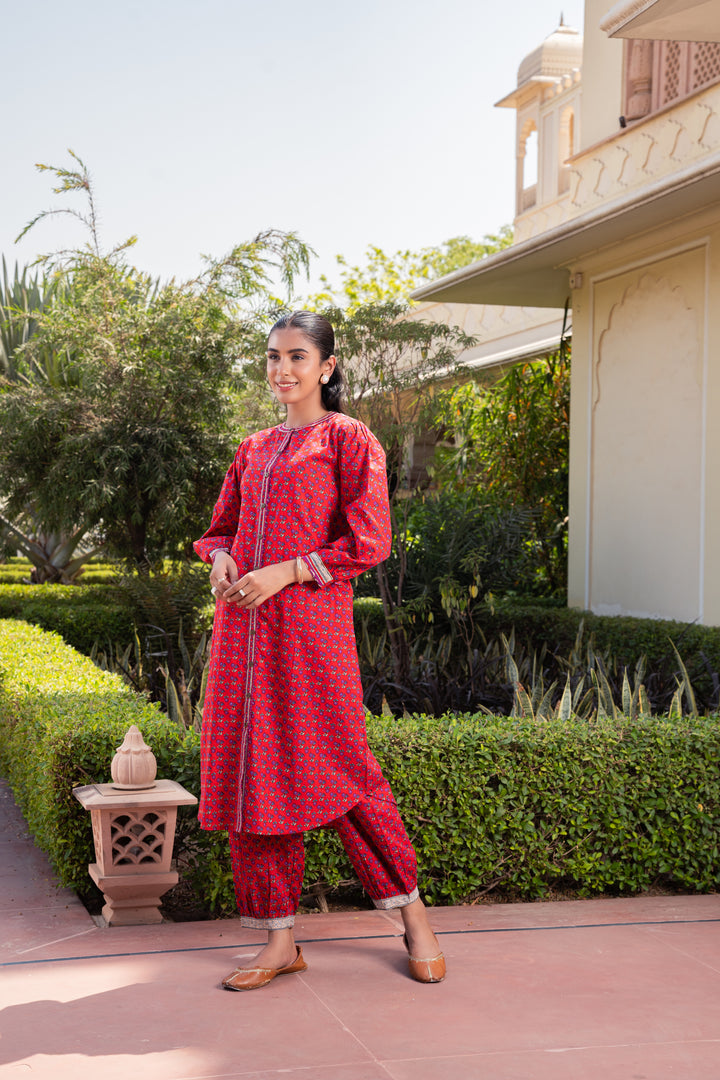 Red Cotton Printed Flared Designer Kurta