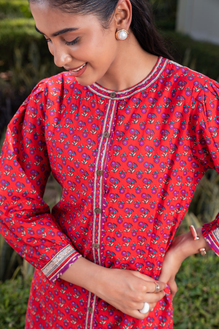 Red Cotton Printed Flared Designer Kurta