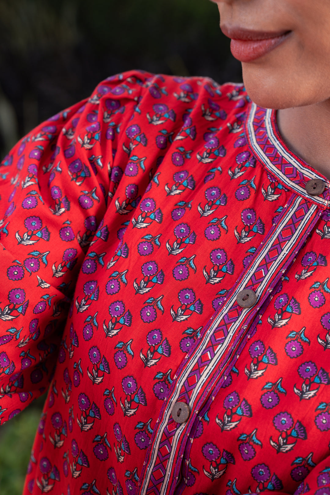 Red Cotton Printed Flared Designer Kurta