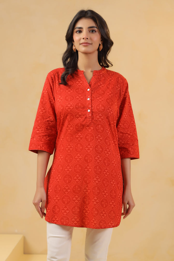 Red Cotton Printed Straight Top