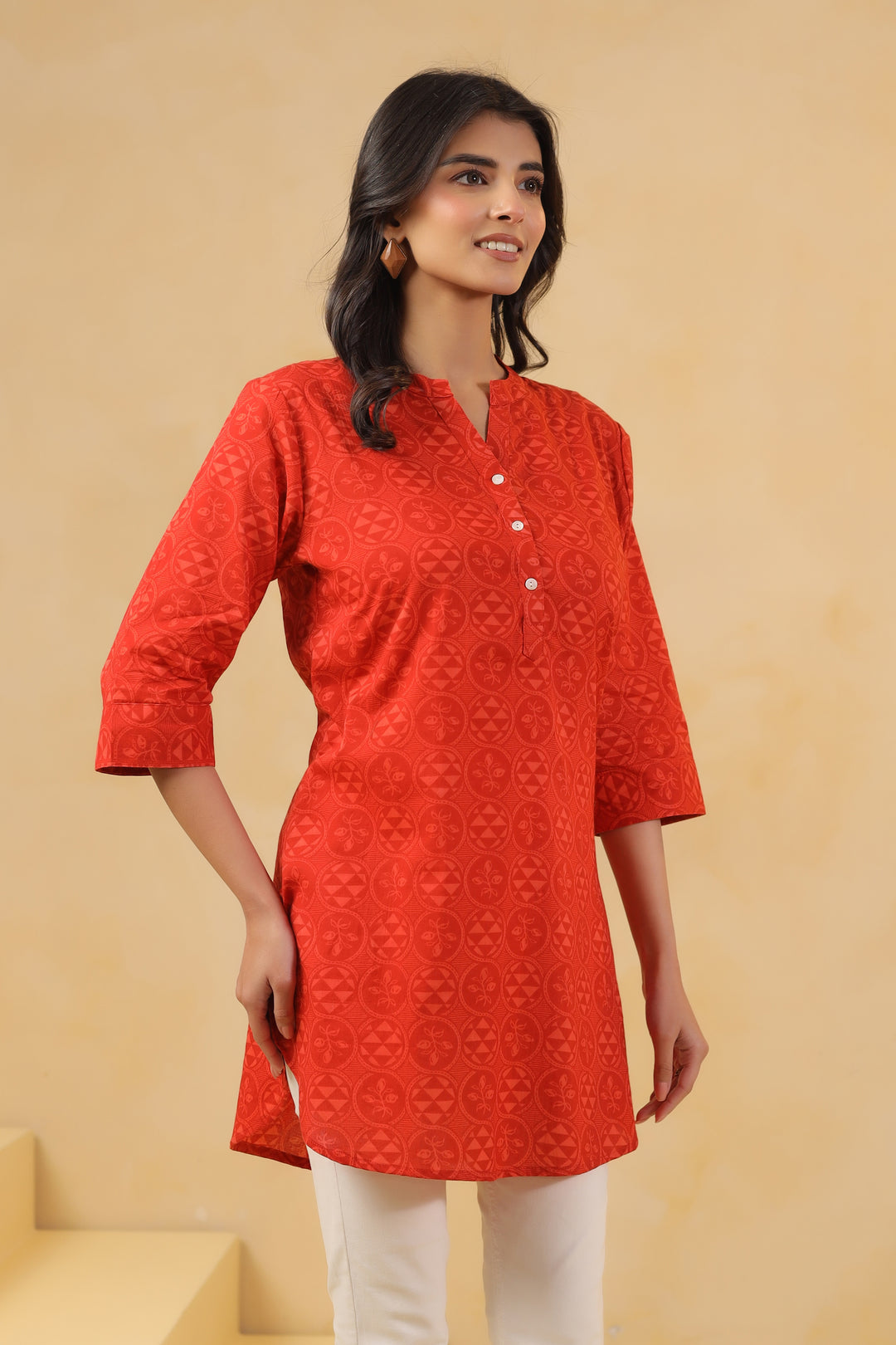 Red Cotton Printed Straight Top