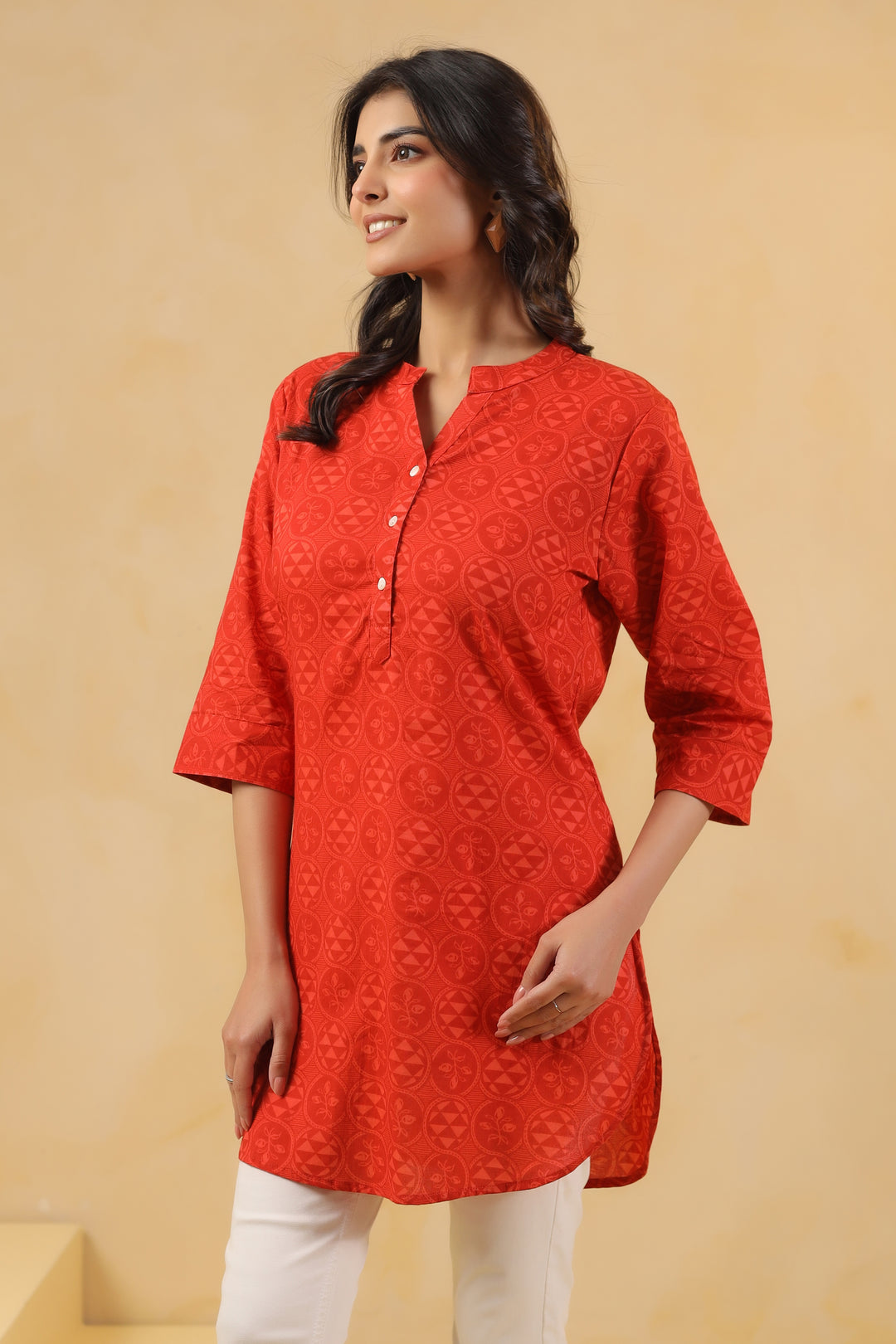 Red Cotton Printed Straight Top