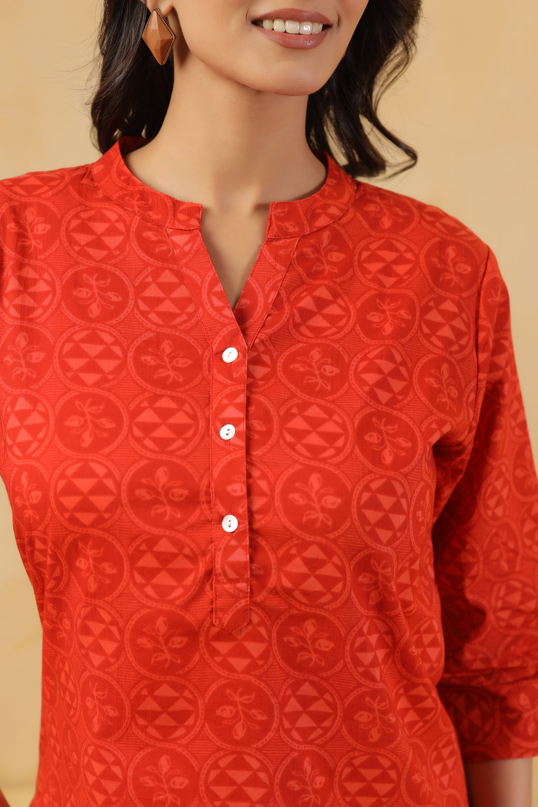 Red Cotton Printed Straight Top