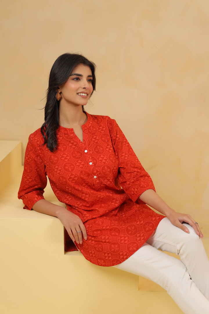 Red Cotton Printed Straight Top