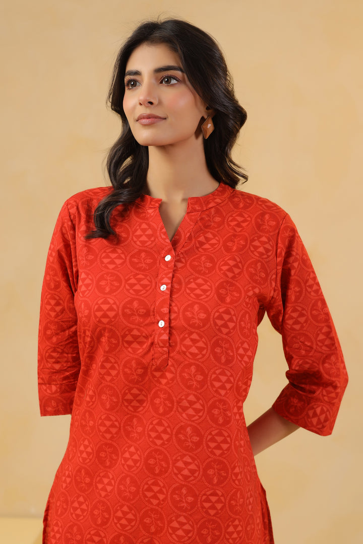 Red Cotton Printed Straight Top