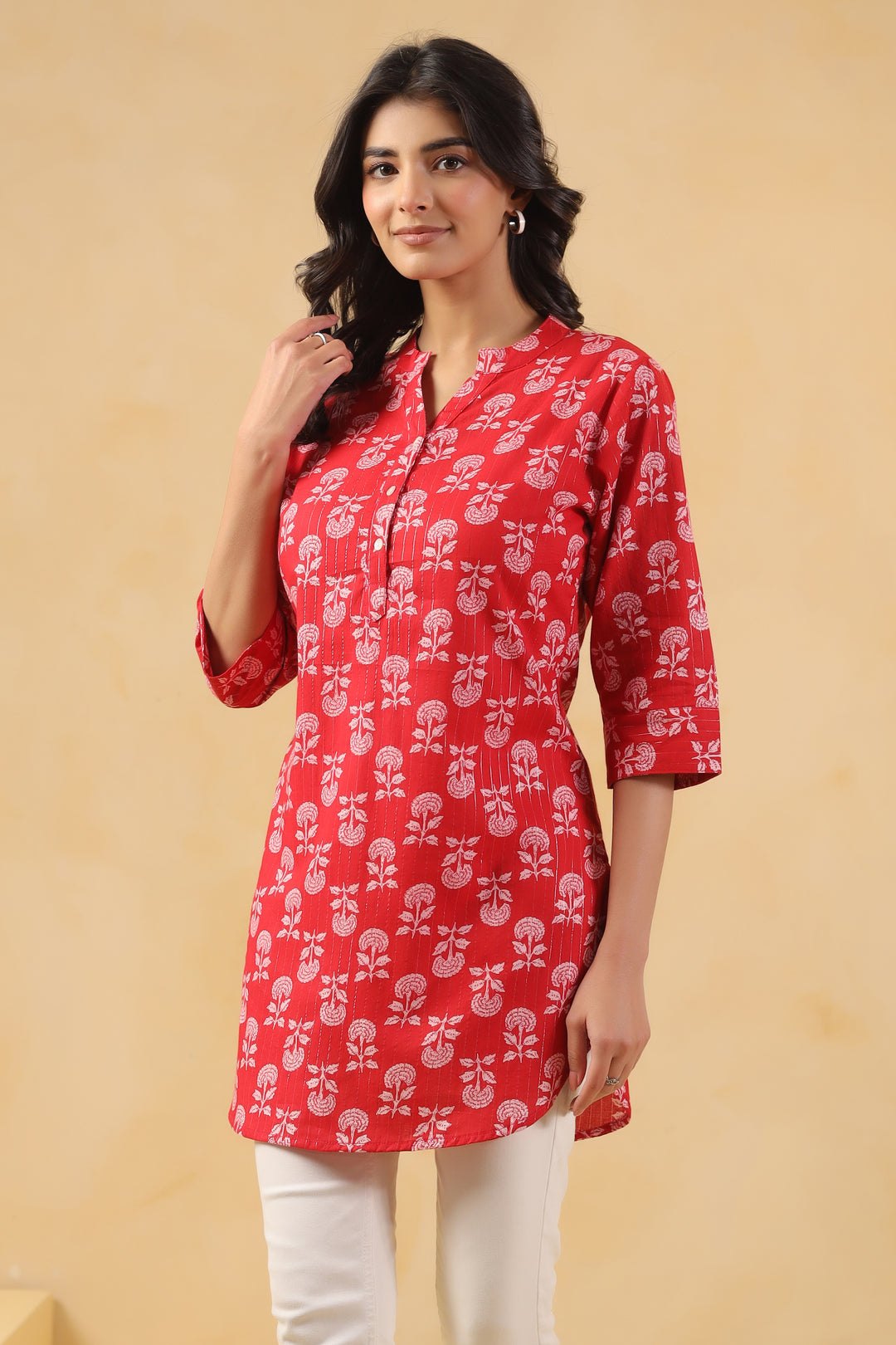 Red Cotton Printed Straight Top