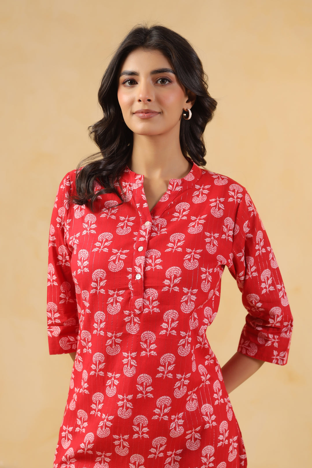 Red Cotton Printed Straight Top