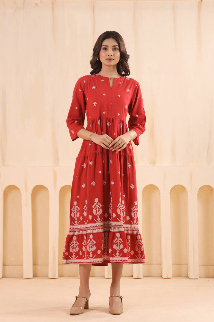 Rust Cotton Slub Printed Designer Flared Dress