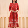 Rust Cotton Slub Printed Designer Flared Dress