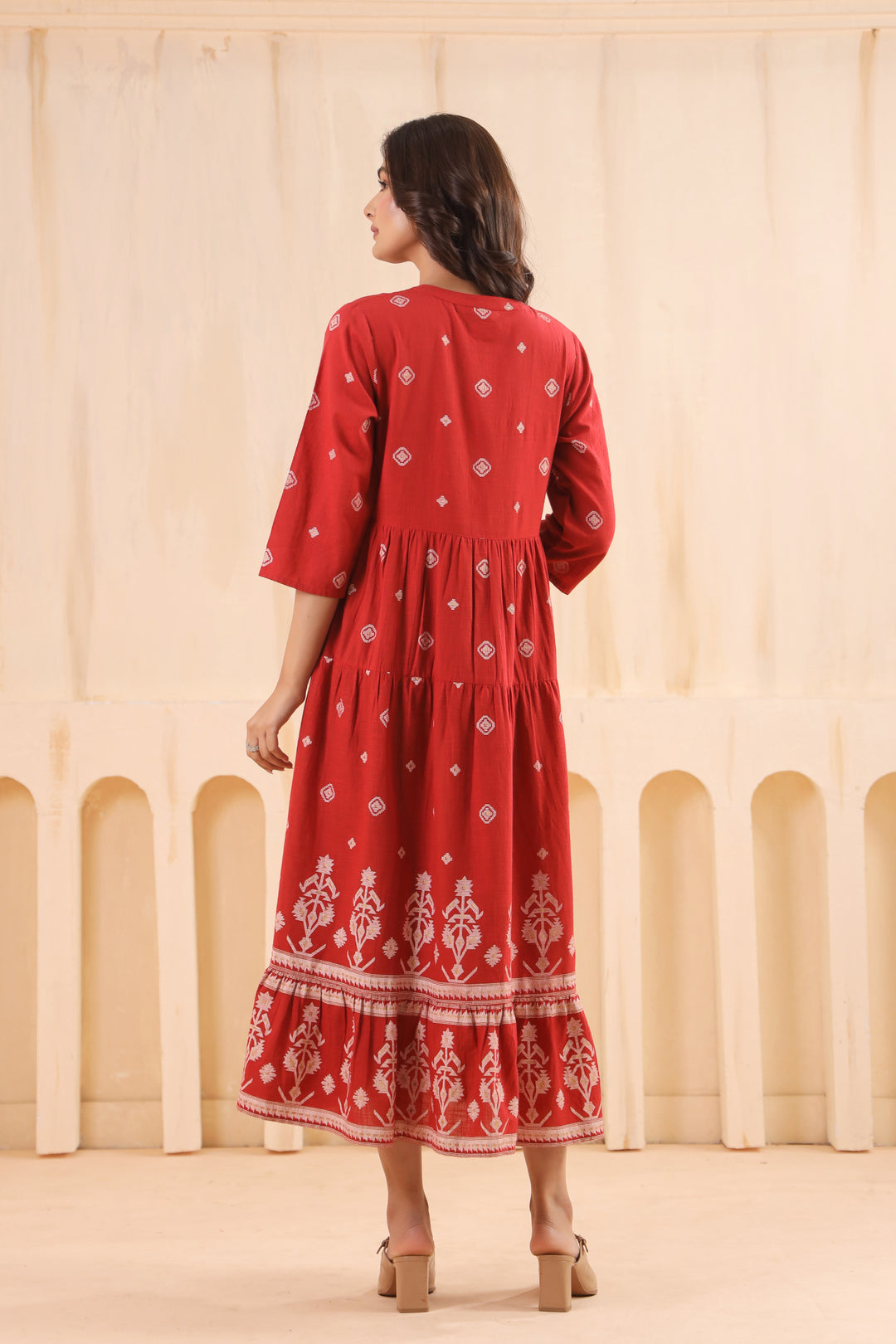 Rust Cotton Slub Printed Designer Flared Dress