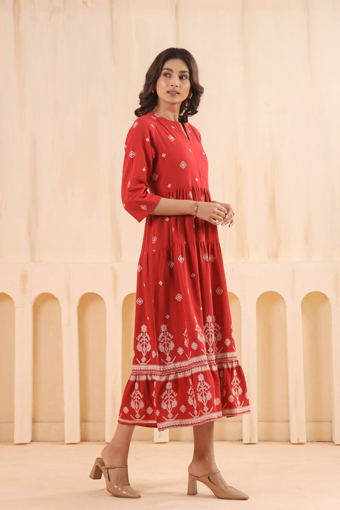Rust Cotton Slub Printed Designer Flared Dress