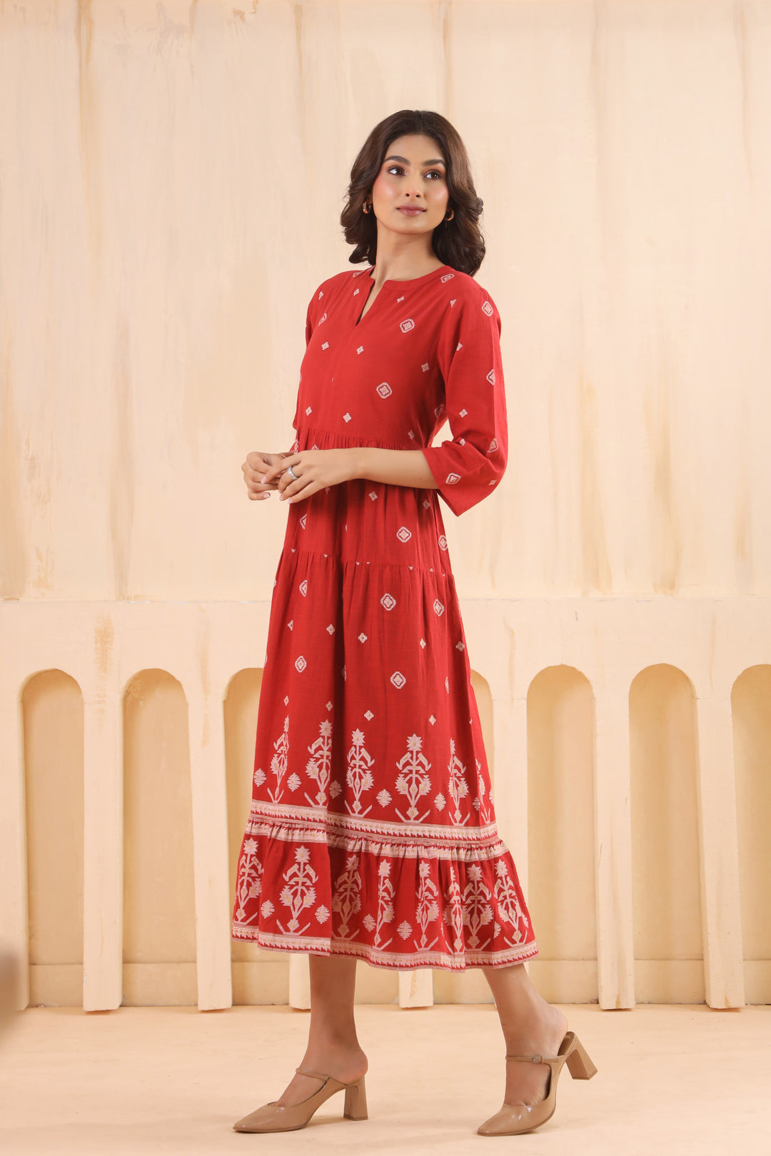 Rust Cotton Slub Printed Designer Flared Dress