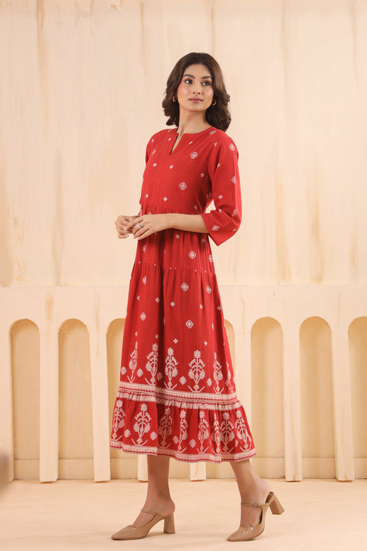 Rust Cotton Slub Printed Designer Flared Dress