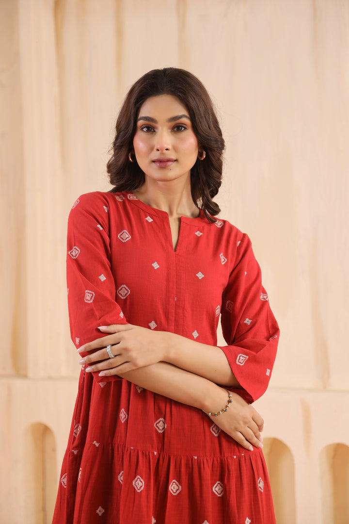 Rust Cotton Slub Printed Designer Flared Dress