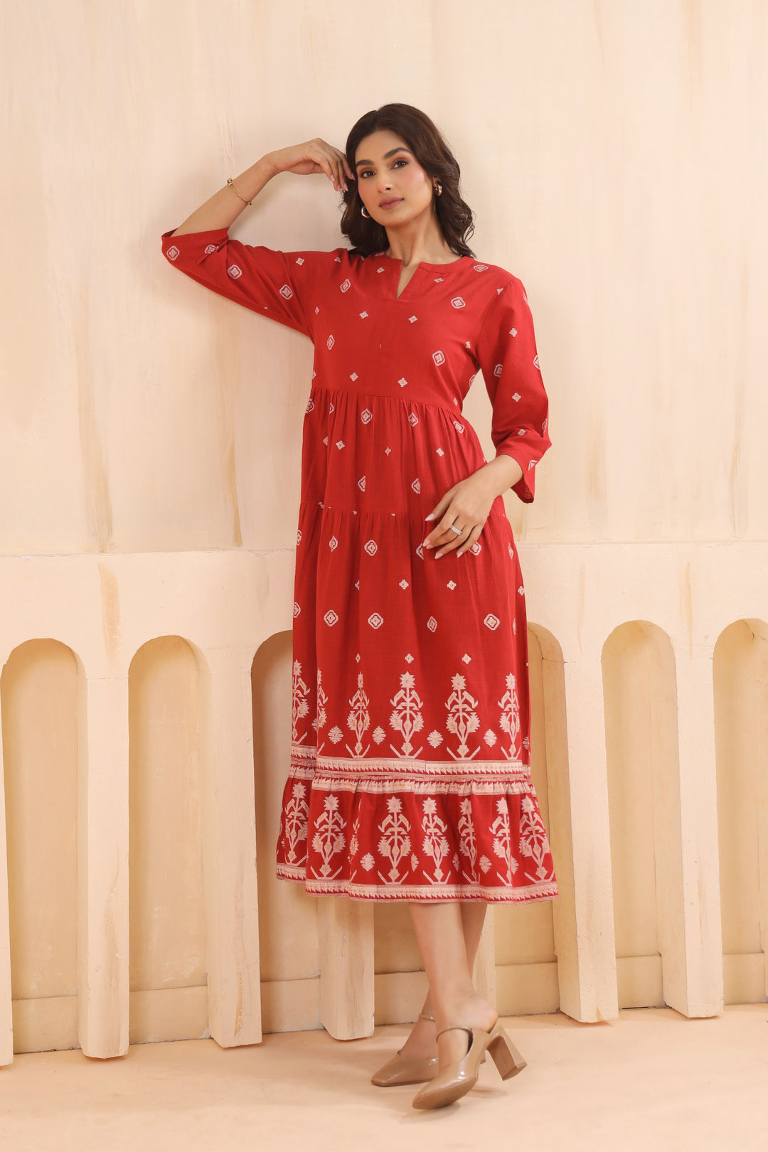 Rust Cotton Slub Printed Designer Flared Dress