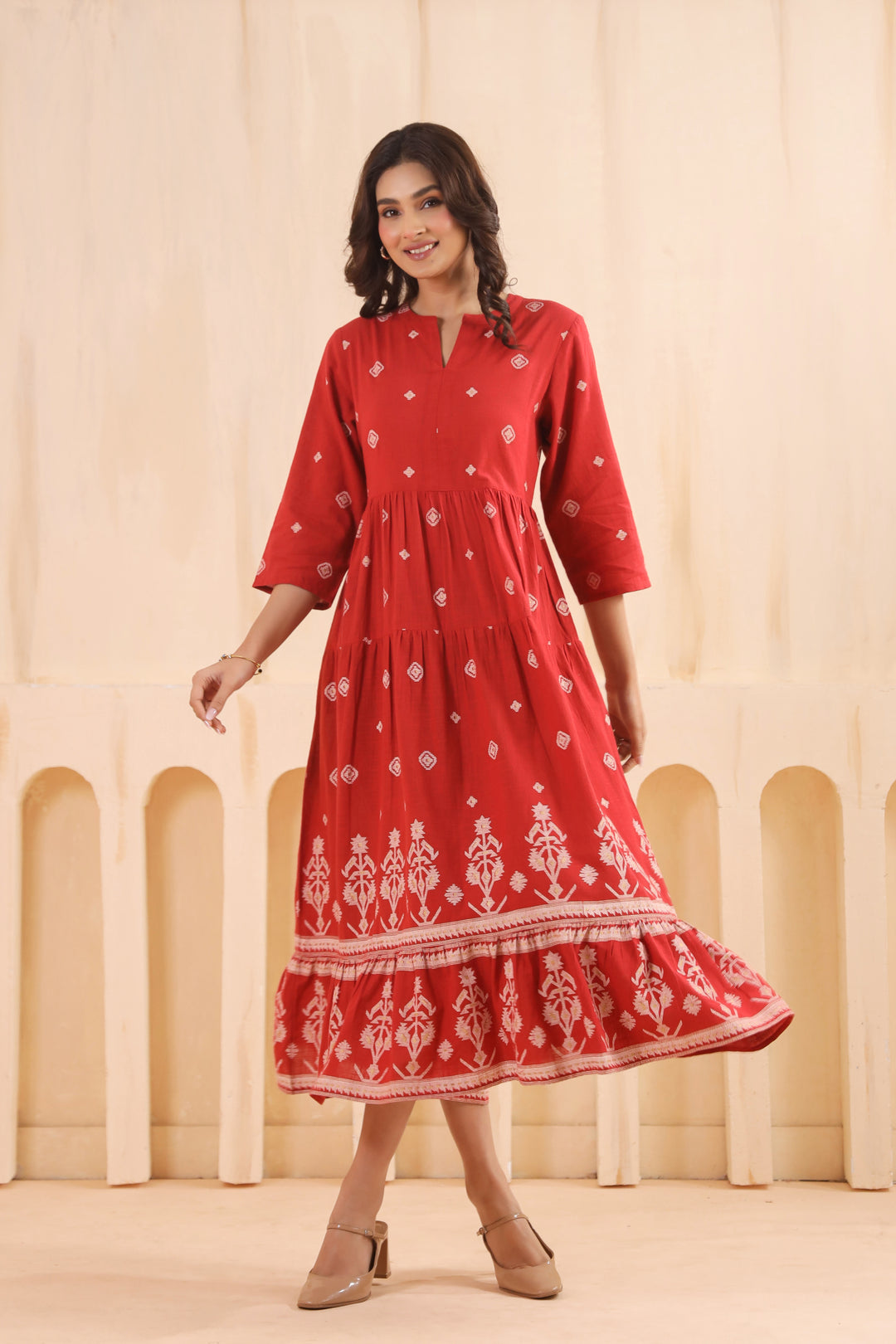 Rust Cotton Slub Printed Designer Flared Dress