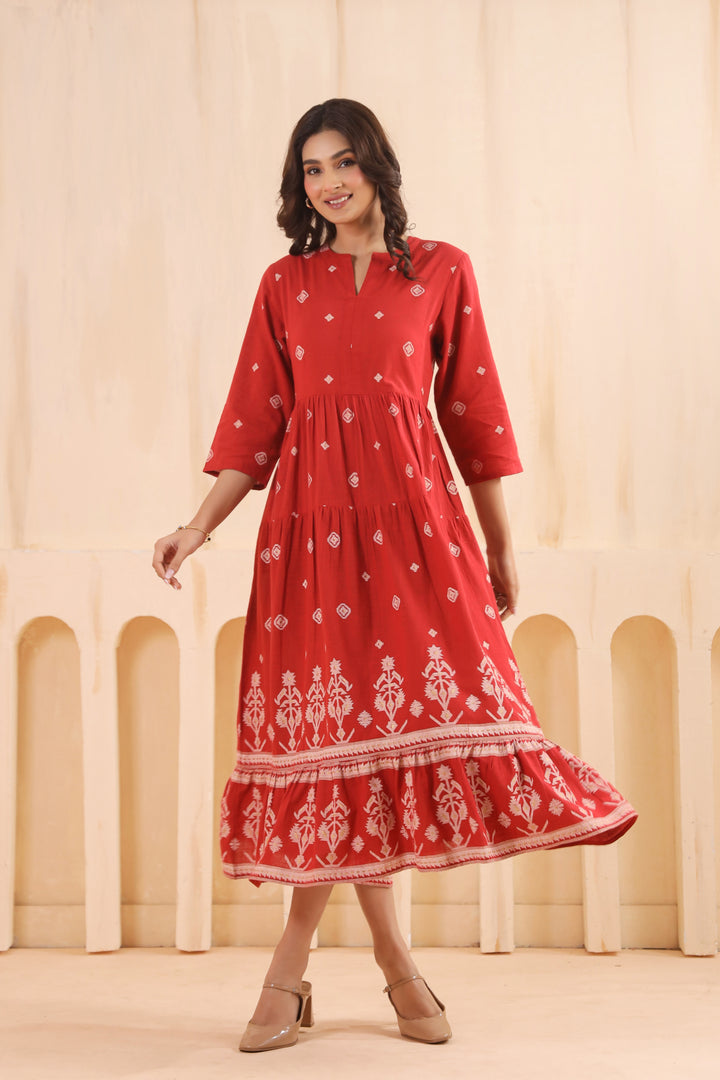Rust Cotton Slub Printed Designer Flared Dress