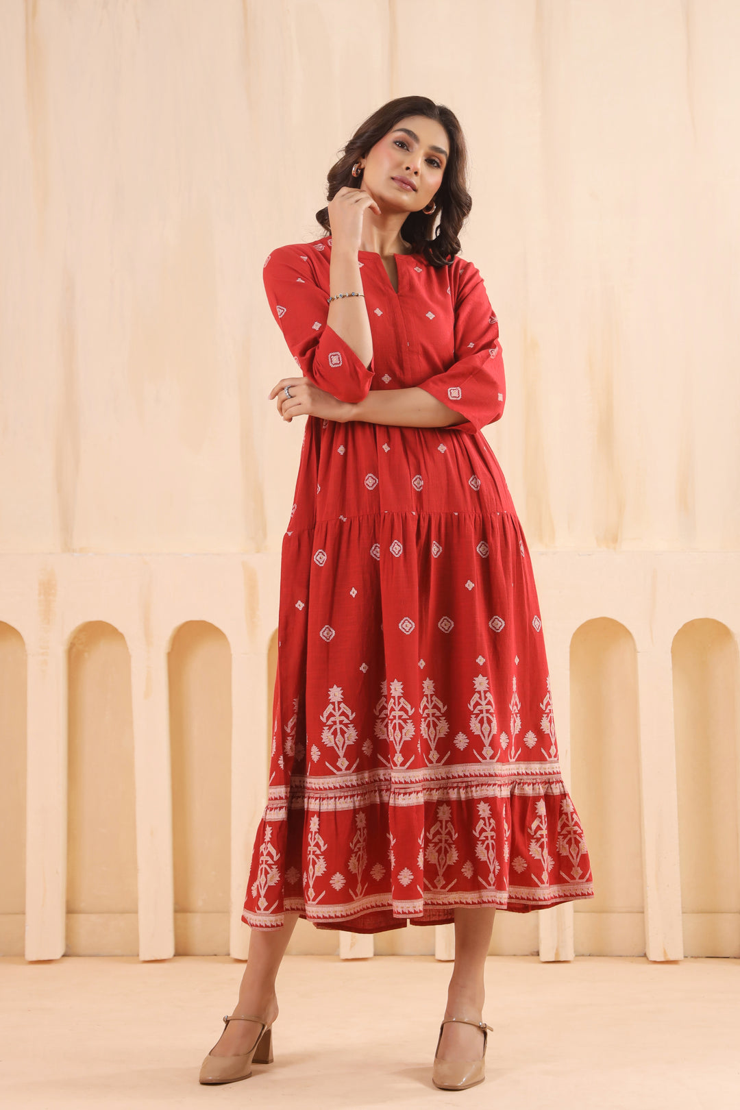 Rust Cotton Slub Printed Designer Flared Dress