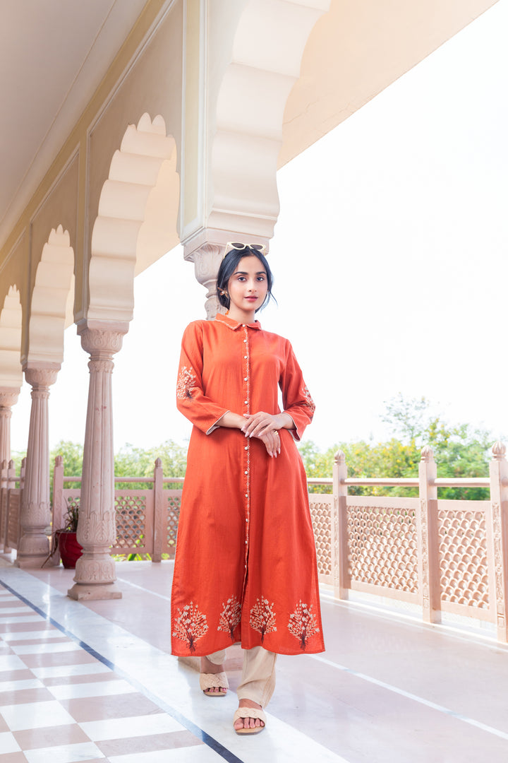 Rust Cotton Embroidered A-Line Kurta