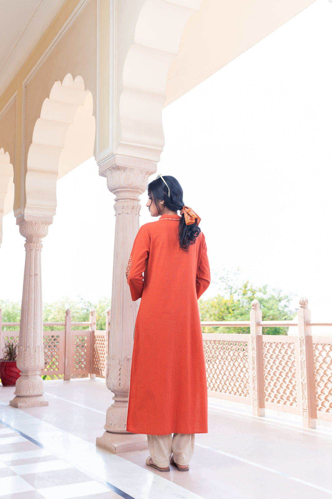 Rust Cotton Embroidered A-Line Kurta