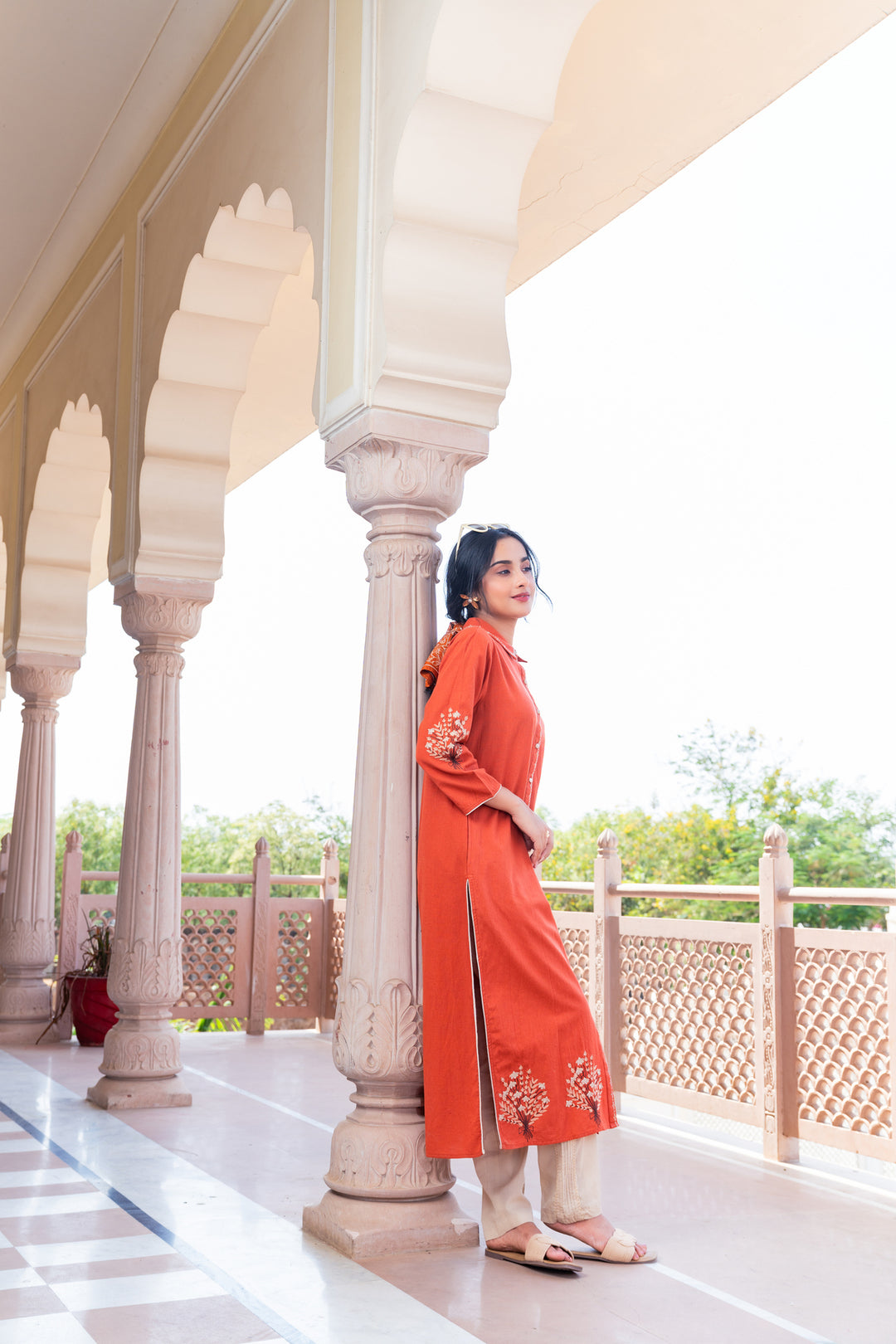 Rust Cotton Embroidered A-Line Kurta