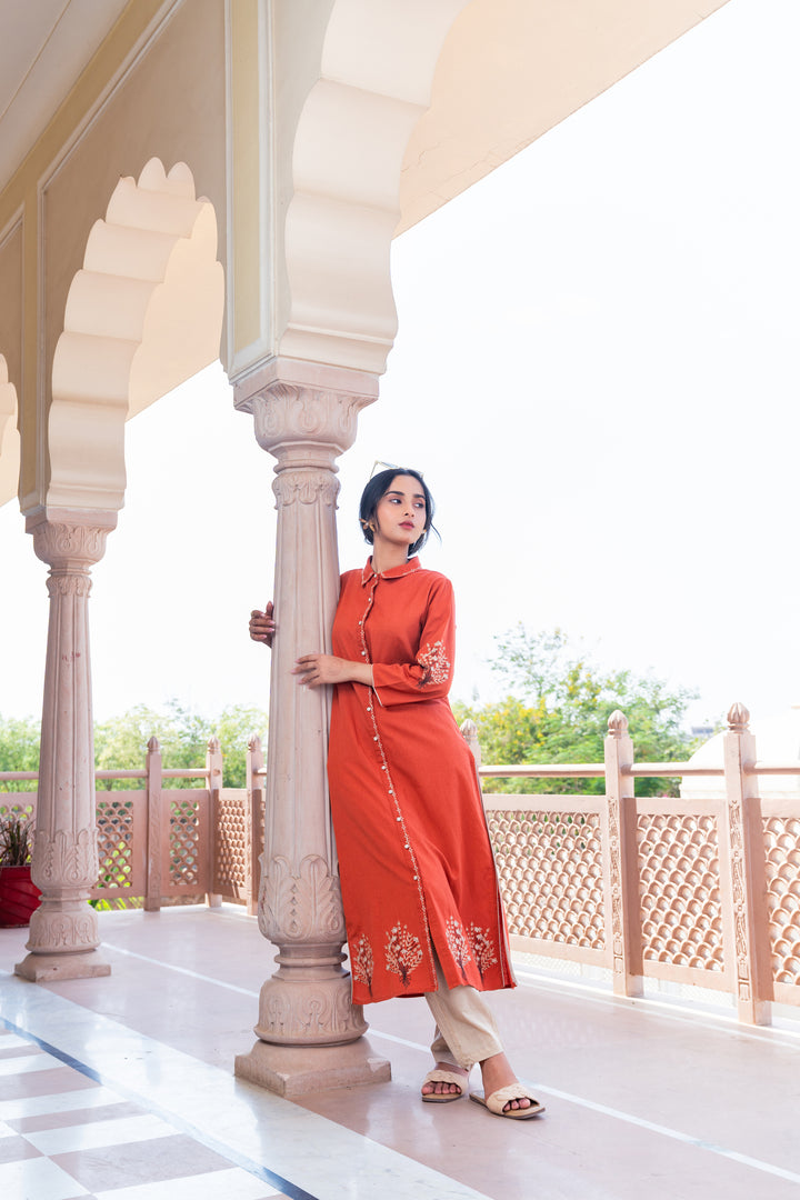 Rust Cotton Embroidered A-Line Kurta