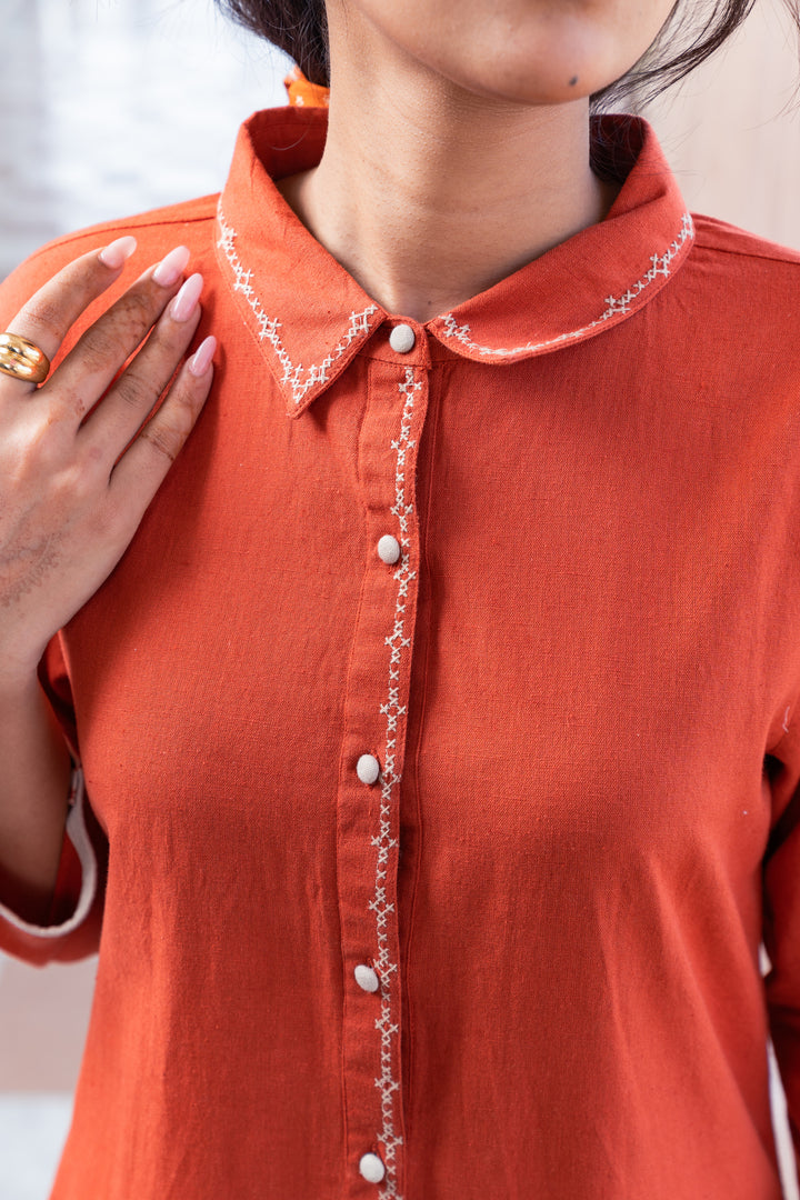 Rust Cotton Embroidered A-Line Kurta
