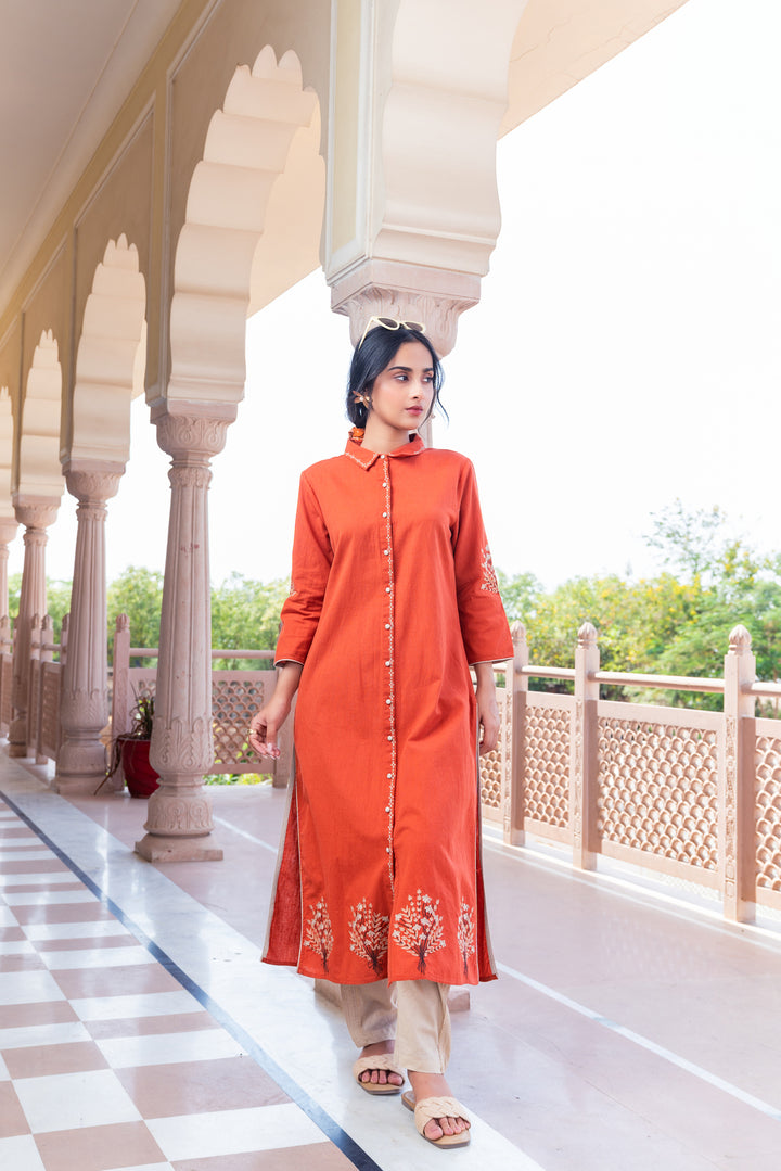 Rust Cotton Embroidered A-Line Kurta