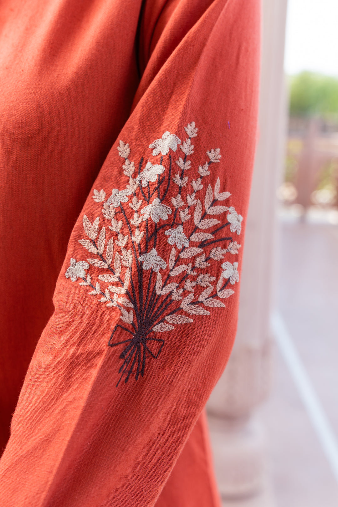 Rust Cotton Embroidered A-Line Kurta
