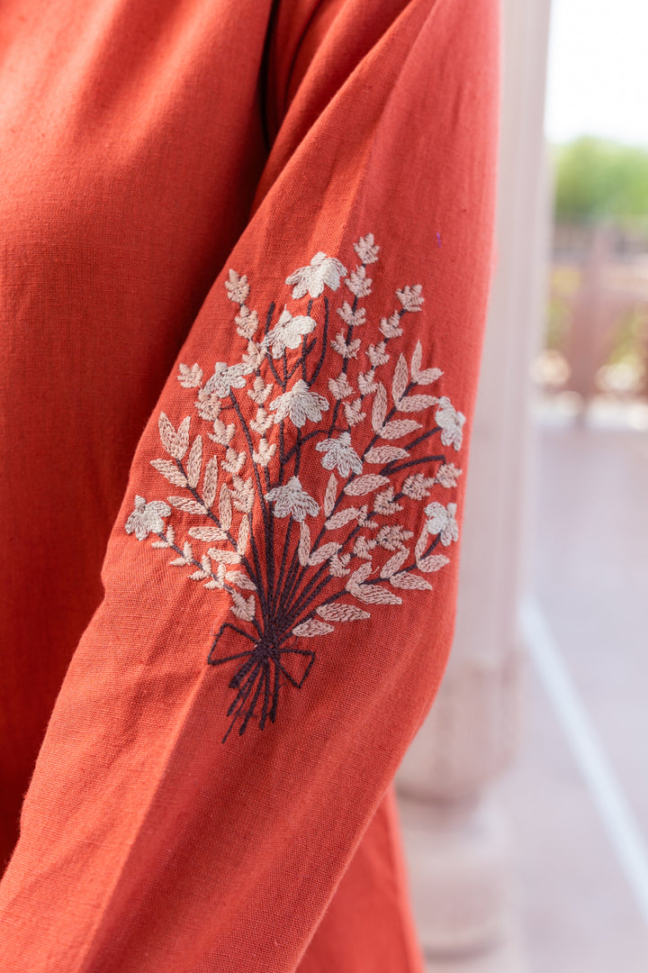Rust Cotton Embroidered A-Line Kurta