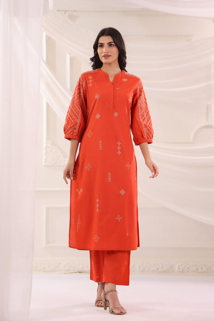 Rust Cotton Slub Embroidered Kurta Pant Set