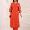 Rust Cotton Slub Embroidered Kurta Pant Set