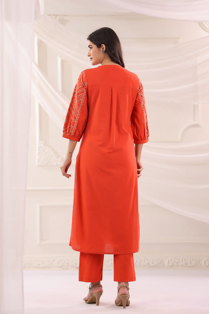 Rust Cotton Slub Embroidered Kurta Pant Set