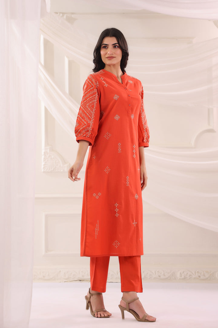 Rust Cotton Slub Embroidered Kurta Pant Set