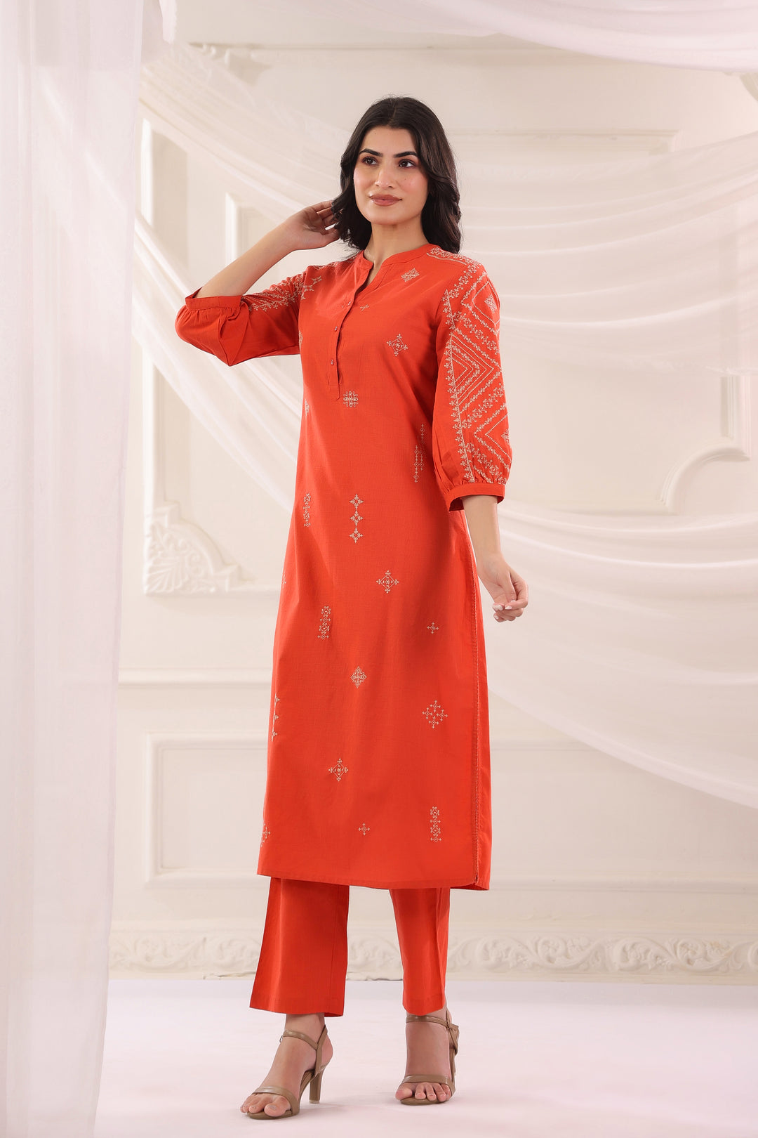 Rust Cotton Slub Embroidered Kurta Pant Set