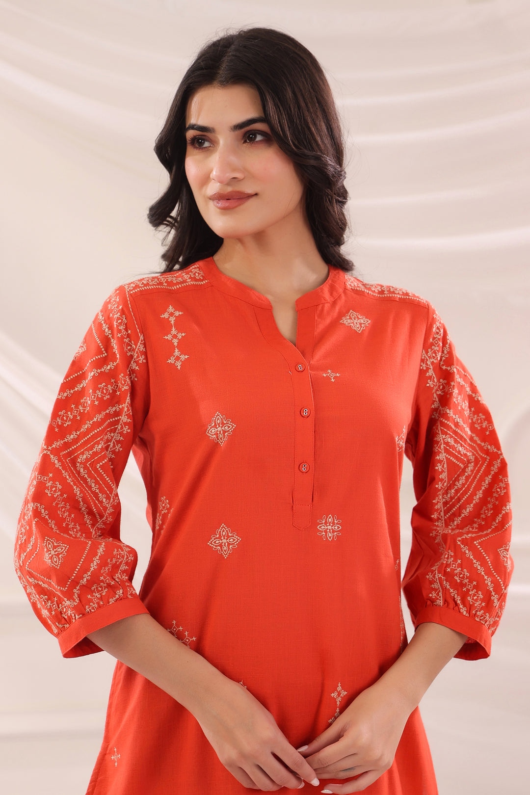 Rust Cotton Slub Embroidered Kurta Pant Set