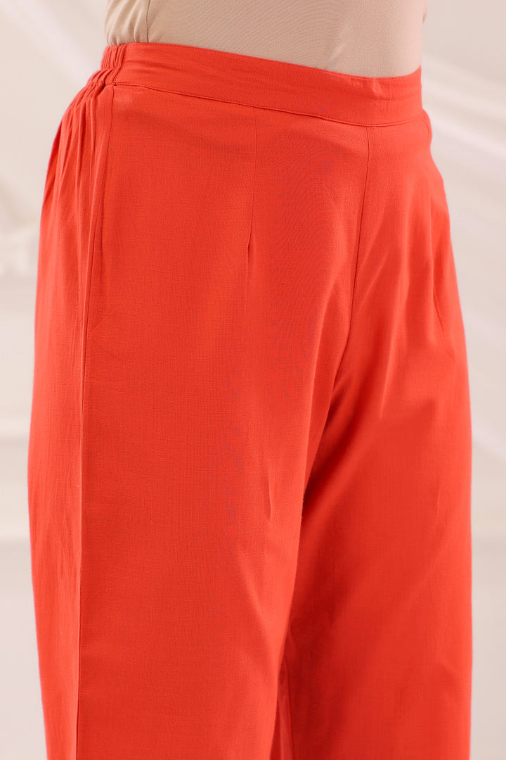 Rust Cotton Slub Embroidered Kurta Pant Set