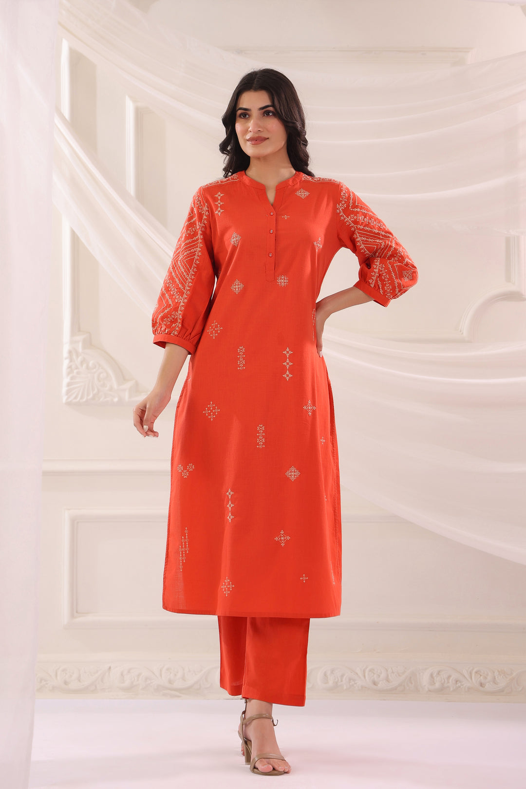 Rust Cotton Slub Embroidered Kurta Pant Set