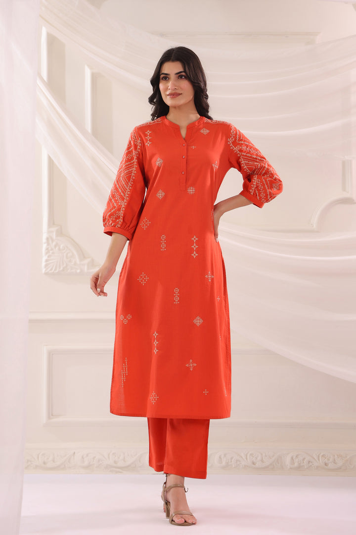Rust Cotton Slub Embroidered Kurta Pant Set