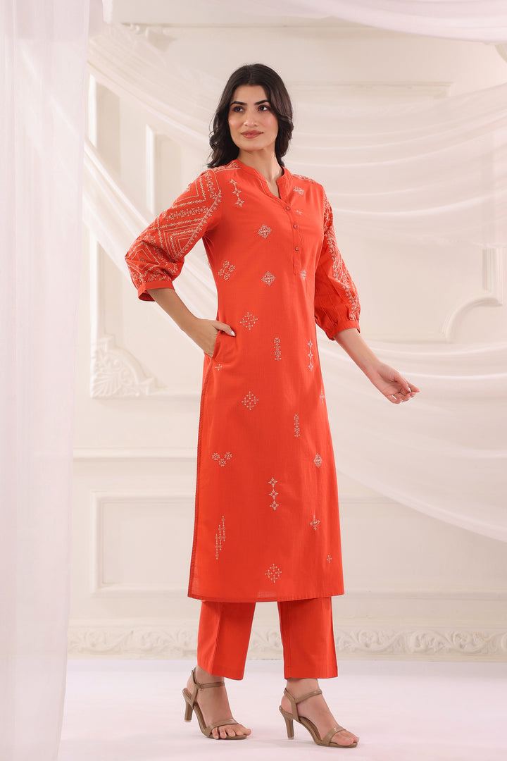 Rust Cotton Slub Embroidered Kurta Pant Set