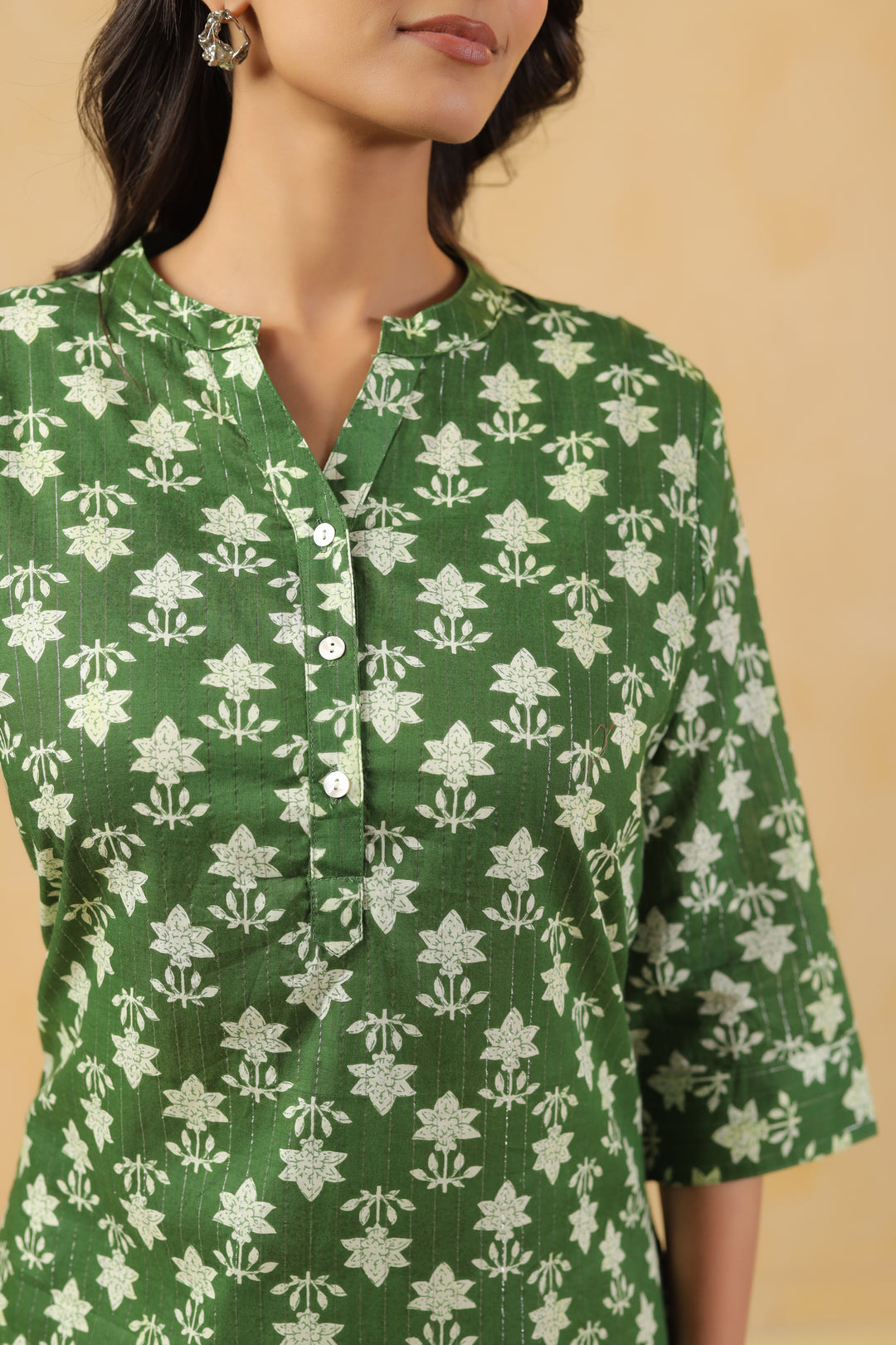 Green Cotton Printed Straight Top