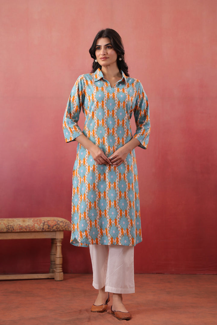 Sky Blue Cotton Printed Straight Kurta