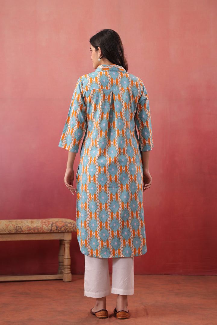 Sky Blue Cotton Printed Straight Kurta