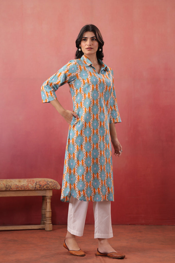 Sky Blue Cotton Printed Straight Kurta